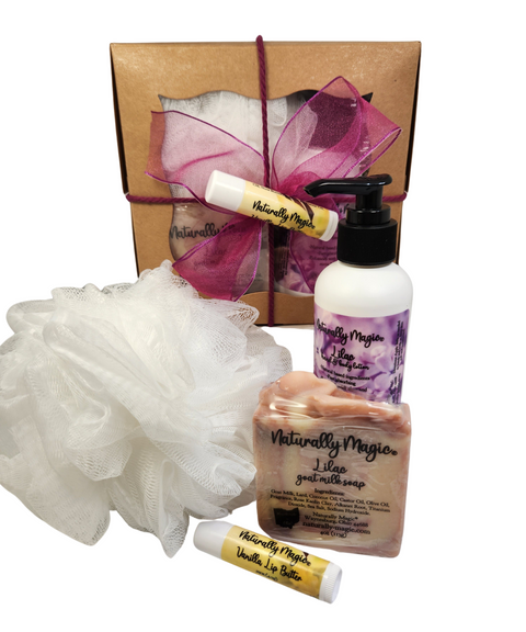 Lilac Gift Set with Lotion Goat Milk Soap Loofah & Lip Butter FREE SHIPPING